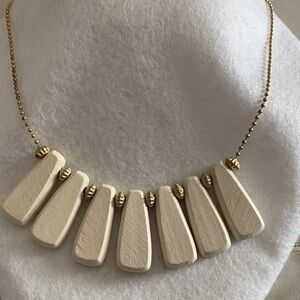 Plunder Cream Faux Wood Bib Necklace, Gold Tone Ball Beads 17”